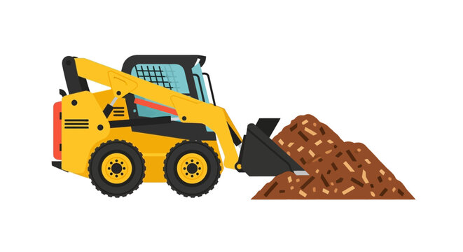 Yellow Skid Steer Loader Vector Illustration - Compact Track Loader Moving Dirt on Construction Site