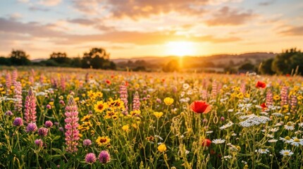 Obraz premium Beautiful landscape field wildflowers sunset sun shining brightly A photo