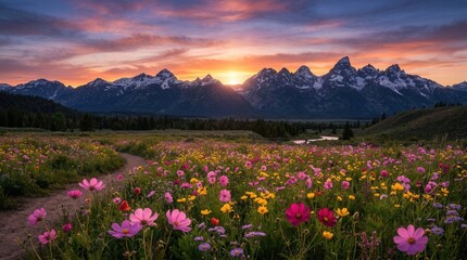 Obraz premium Beautiful landscape mountain range sunset sky filled vibrant Wildflower field blooms during