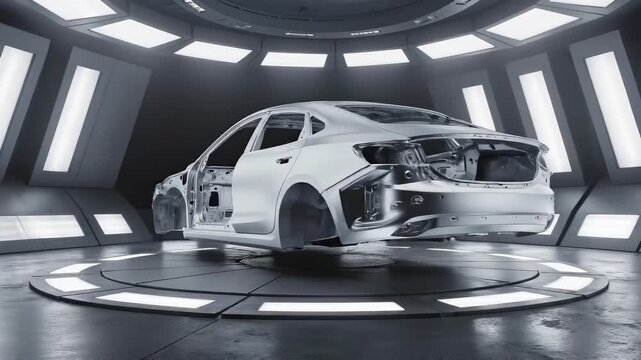 Automotive chassis frame rotating inside a high tech studio lighting rig for motion animation design project