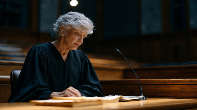 Retired municipal judge sitting alone at a massive courtroom bench after hours reviewing notes, the empty gallery behind her draped in shadows with a single overhead spotlight illuminating the wood 