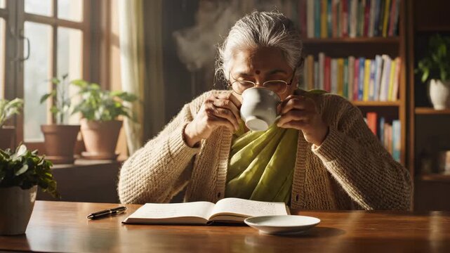 Elderly woman journaling at a sunlit wooden table with a cup of tea, wearing a cardigan and glasses, surrounded by potted plants and a bookshelf in a cozy home setting