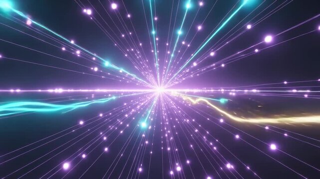 Sending teal and gold ribbons sparking center starburst glowing in dark void, pulling violet dots
