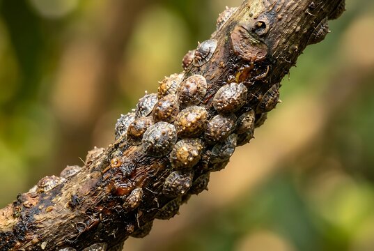 Macro Shot of Scale Insects Infesting a Tree Branch