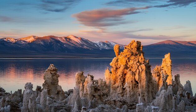 Glowing Tufa Rocks During Sunset With Mountains In The Background In Mono Lake California