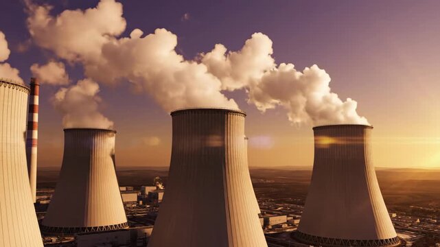 Tall cooling towers release steam at sunset in a power plant located in the countryside