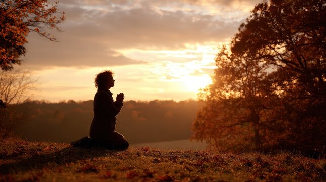 Contemplative moment: humble woman kneels in prayer at golden autumn light