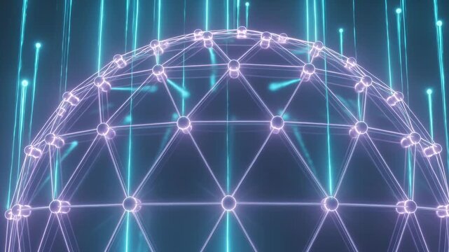 Glowing geodesic dome receiving signal, emitting vertical cyan beams in studio and pulsing nodes