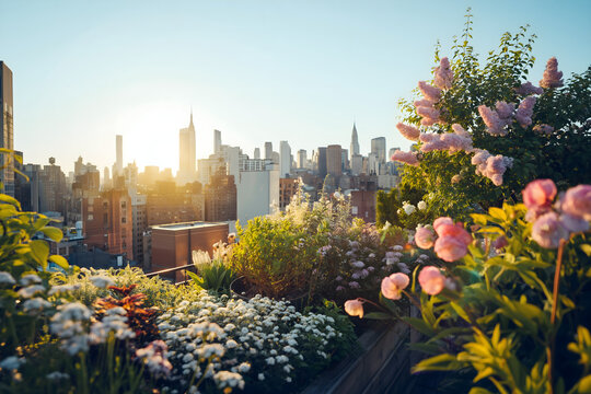 City Skyline at Sunset Framed by Rooftop Garden Flowers