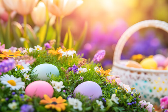 Pastel Easter Eggs in Spring Flowers with Warm Sunlight