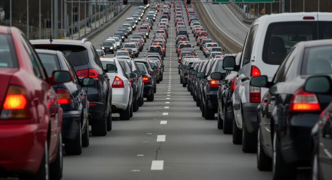 Heavy traffic jam on a multilane highway with cars stretching into the distance