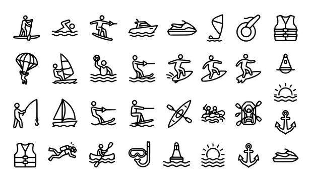 Water Sports and Recreation Thin Line Icons Set Black Outdoor Activity Vector Collection