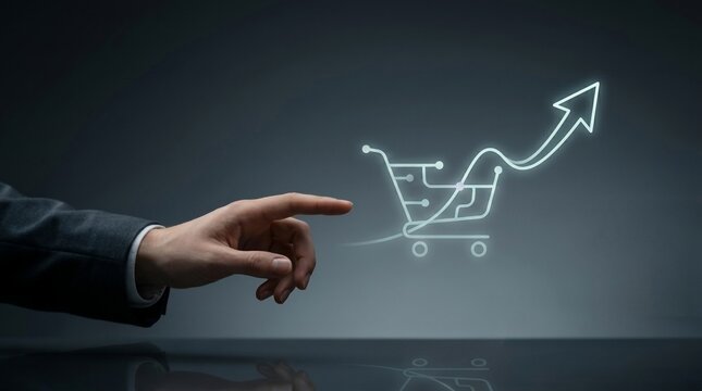 Businessman touching digital shopping cart icon with growing arrow representing e commerce sales growth and online retail success strategy concepts