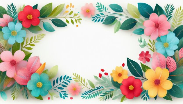 floral horizontal banner with colorful spring flowers and leaves on white background elegant flat design with botanical borders and central copy space ideal for headers invitations posters