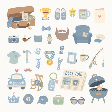 Cute pastel Father&rsquo;s Day clipart set with dad gifts, trophy, mug, tools, barbecue, fishing rod and greeting items