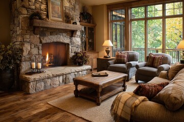Fototapeta premium Cozy living room with a stone fireplace, warm wood floors, and inviting seating