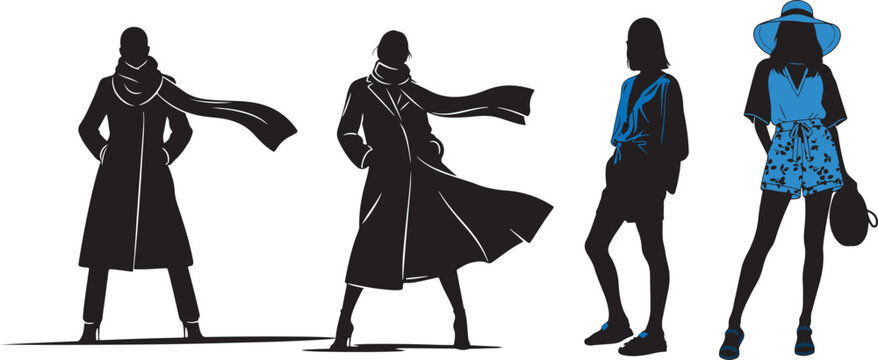 Seasonal fashion silhouette vector, winter coat summer outfit, blue black women, and clothing pack. isolated transparent background