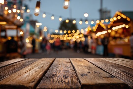 Cozy wooden surface beside amber bulb string lights in a bustling festival night market