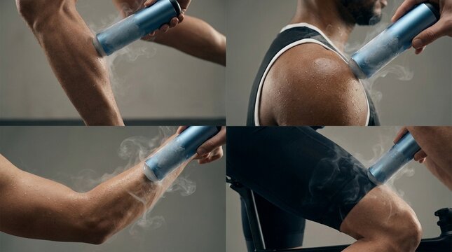 Athletes undergoing cryotherapy treatment with a handheld device for muscle recovery and pain relief
