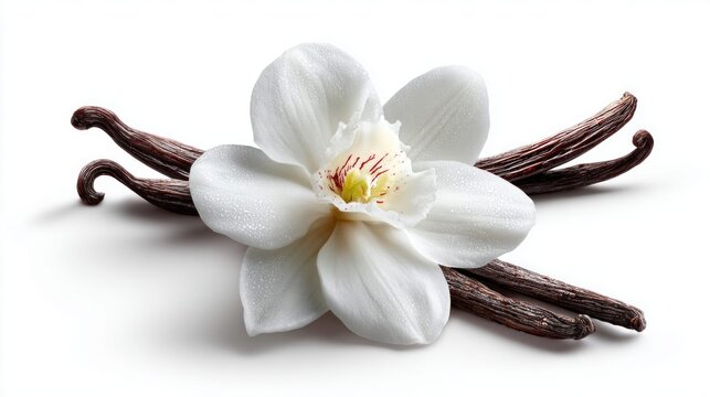 Delicate white vanilla orchid flower with dark brown vanilla beans on a clean white background