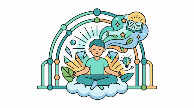 A person meditates on a cloud with a thoughtful expression
