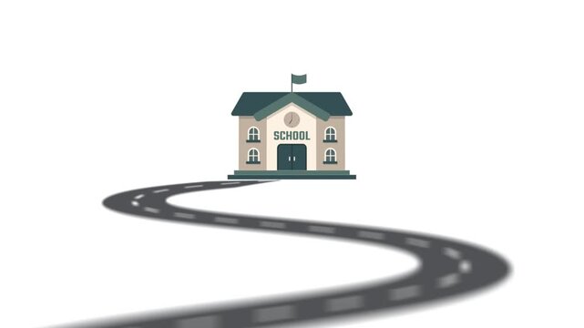 Animated School Building at the End of Curved Road Education Destination Concept. Transparent background, 4K resolution.