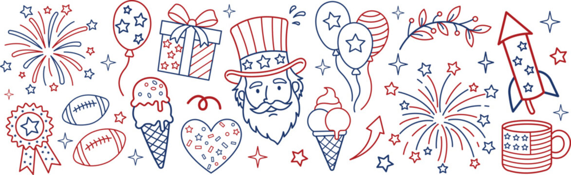 American 4th of july independence day doodle set with ice cream fireworks balloons uncle sam  gift and  football icons for patriotic celebrations