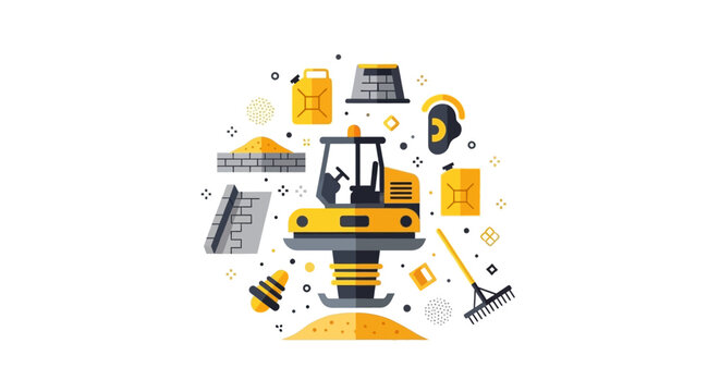 Construction Equipment and Soil Compaction Tools Flat Vector Illustration