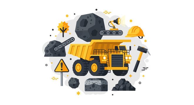 Flat Vector Illustration of Mining Operations Featuring Large Haul Truck, Coal Boulders, Hard Hat, and Industrial Tools