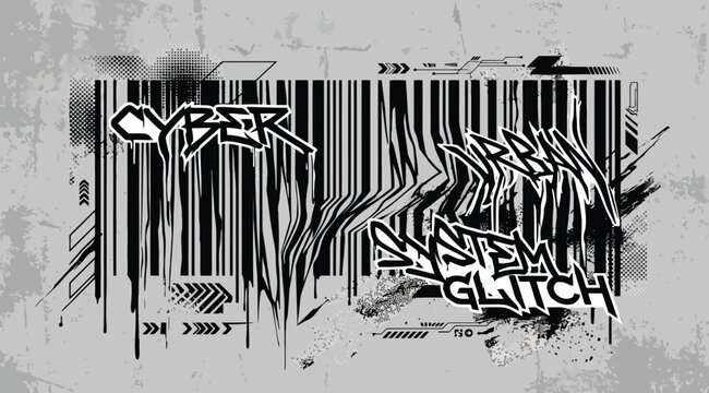 Cyber urban system glitch text design with barcode and graffiti style typography