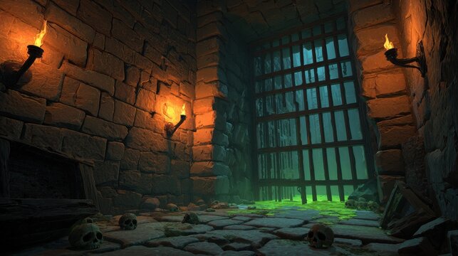 Dark medieval dungeon prison cell in cartoon game art with stone walls, heavy iron bars, torches and eerie green gas