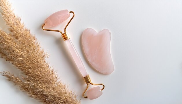 a pale pink rose quartz gua sha massage tool rests on a white surface alongside wispy golden dried pampas grass stems creating a soft feminine beauty and wellness flatlay with generous copy space