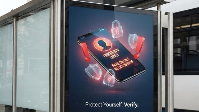 Unknown user alert smartphone screen with security icons emphasizing fake online relationship, digital verification, and user safety for enhanced smartphone security and protection against unknown