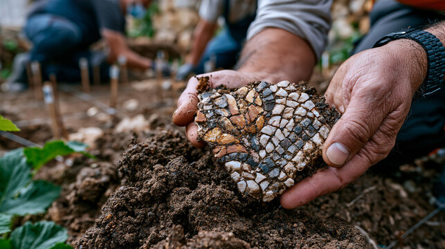 Archaeologist carefully lifts a fragment of Roman mosaic from compacted soil at an active dig site, field crew kneeling around a grid of numbered stakes, terracotta and limestone tesserae glinting i