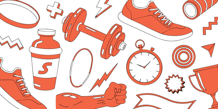 Abstract fitness pattern with workout equipment and sports elements.