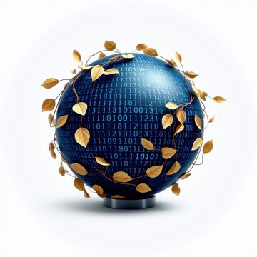Blue globe covered in binary code, entwined with golden leaves. Represents digital nature connection, technology growth.