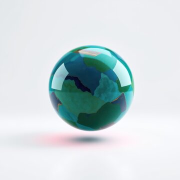 Glossy sphere displays abstract paint patterns. Teal, blue, green hues blend within reflective surface. Minimalist studio lighting creates soft shadow.