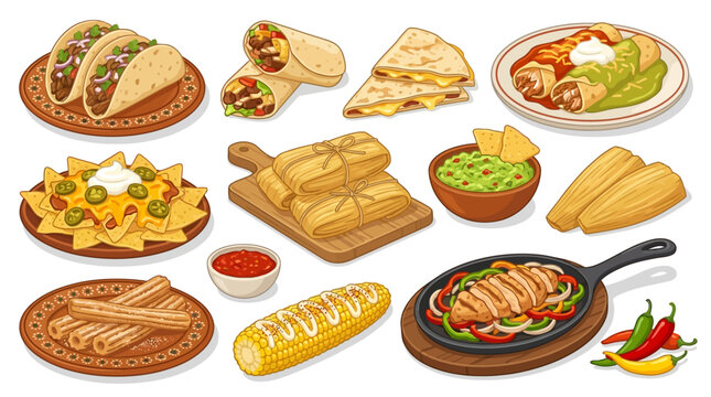 Popular Mexico Cuisine Set with Tacos Burritos and Nachos Vector Art