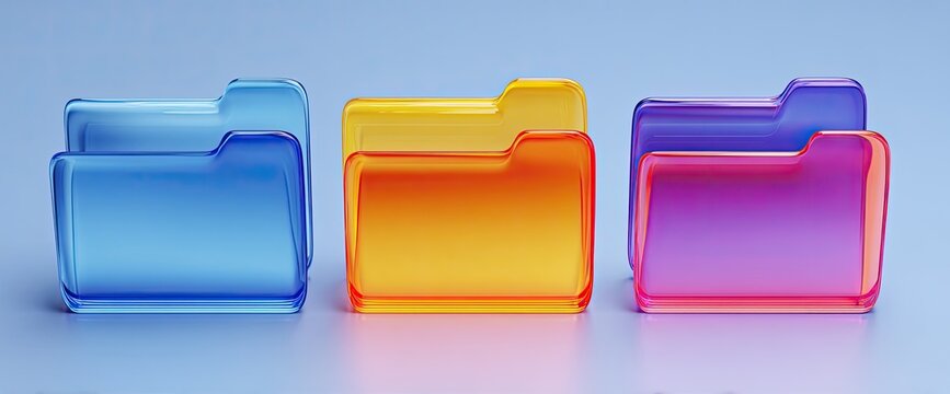 Three translucent colorful folders, blue, orange, and purple, on a light blue background.