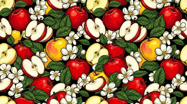 Fresh juicy apples and white flowers seamless pattern