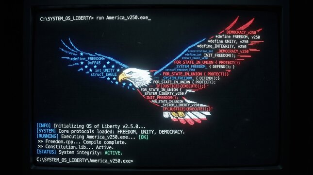 Digital American bald eagle symbol crafted from program code on retro computer screen, representing 250 years of independence, freedom, democracy.