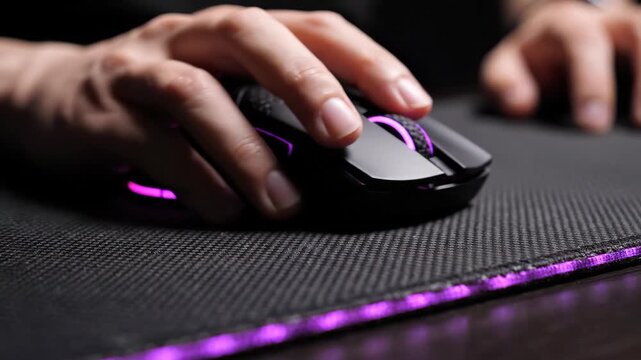 Hand Moving Black Professional Gaming Mouse with RGB Lighting Across Textured Mousepad