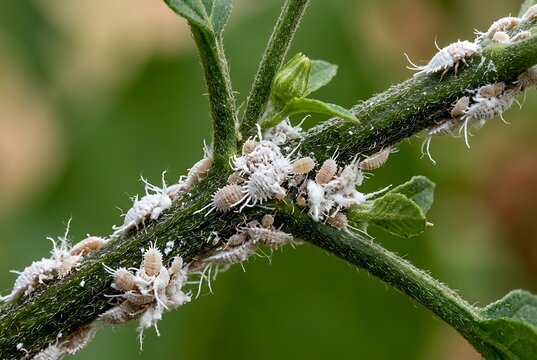 Close-up of Mealybugs Infestation on a Green Plant Stem