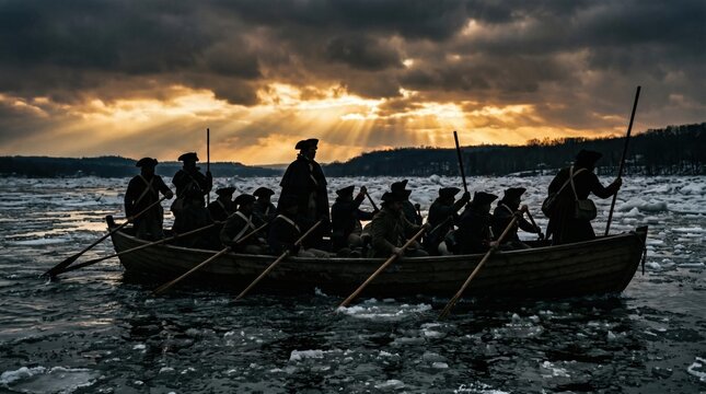 Reenactors depict George Washington crossing Delaware River in wooden boat through icy water at dramatic dawn.