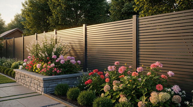 Modern landscaping with a dark wooden fence and a raised stone planter of colourful dahlias, showcasing residential outdoor beauty, harmonious design, and vibrant seasonal floral arrangement
