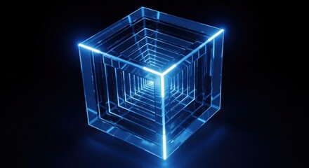Fototapeta premium Abstract Futuristic 3D Glowing Blue Glass Cube with Nested Layers on Black Background for Technology and Digital Concepts