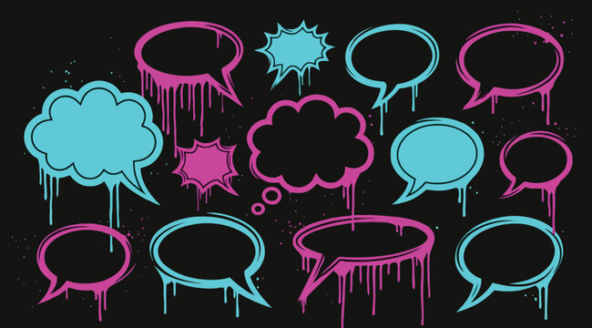 Set of graffiti speech bubbles, comic book style, neon pink and blue colors