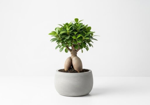 Small green bonsai tree in a grey pot isolated on white background