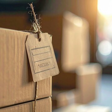 Cardboard shipping box with rustic paper tag attached by twine, logistics and delivery concept, parcel tracking, mailing supply, storage, supply chain