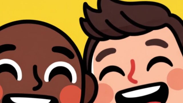 Diverse cartoon male characters smiling on yellow background.